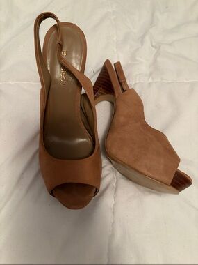 le chateau Tan Suede Peep-Toe Platform Slingbacks